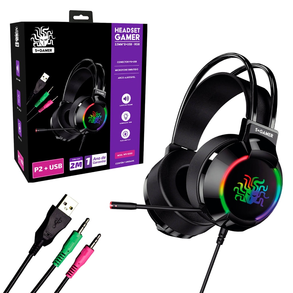 Fone Gamer Headset Led Rgb Mic Usb + P2 Ajustável Cabo 2 Metros