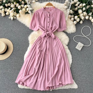 Moda Feminina Vintage Colarinho Sólido Chiffon Pleat Midi Vestido De Verão Vestidos De Festa De Manga Curta De Cintura Alta Ruffled