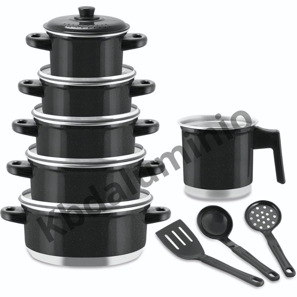 Jogo de Panela preto Kit 09 Pçs Caçarola+Leiteira (Caneco)+ Kit Talheres