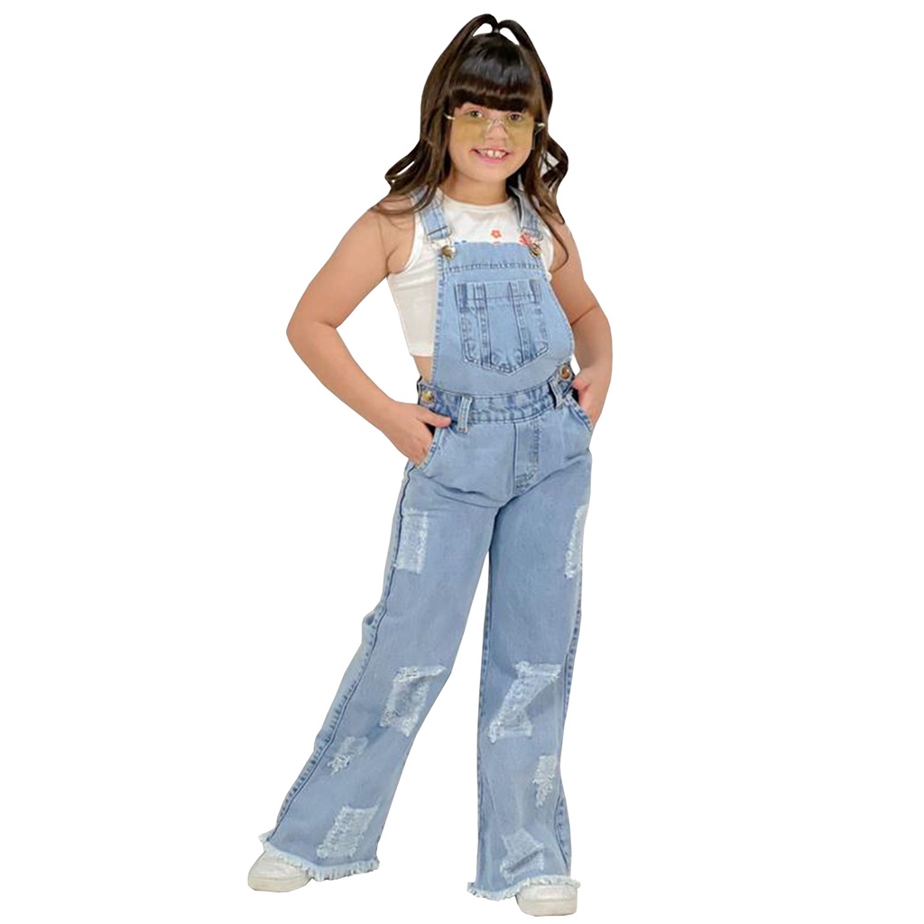 Macacão Jeans Wide Leg Feminino Infantil Juvenil Promoção