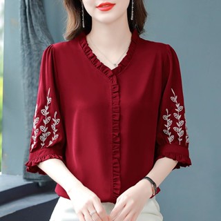 Casual Manga De Três Quartos Blusa Bordado de tamanho grande Chiffon Camisa Feminina