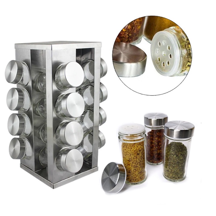 PORTA CONDIMENTO Temperos Giratório em Inox 16 POTES DE VIDRO + Suporte Giratório Quadrado Tempero