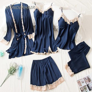 Conjunto 5Pcs Roupa De Dormir Feminina Pijama De Seda Renda De Cetim Noite Suspensórios Sexy Casa