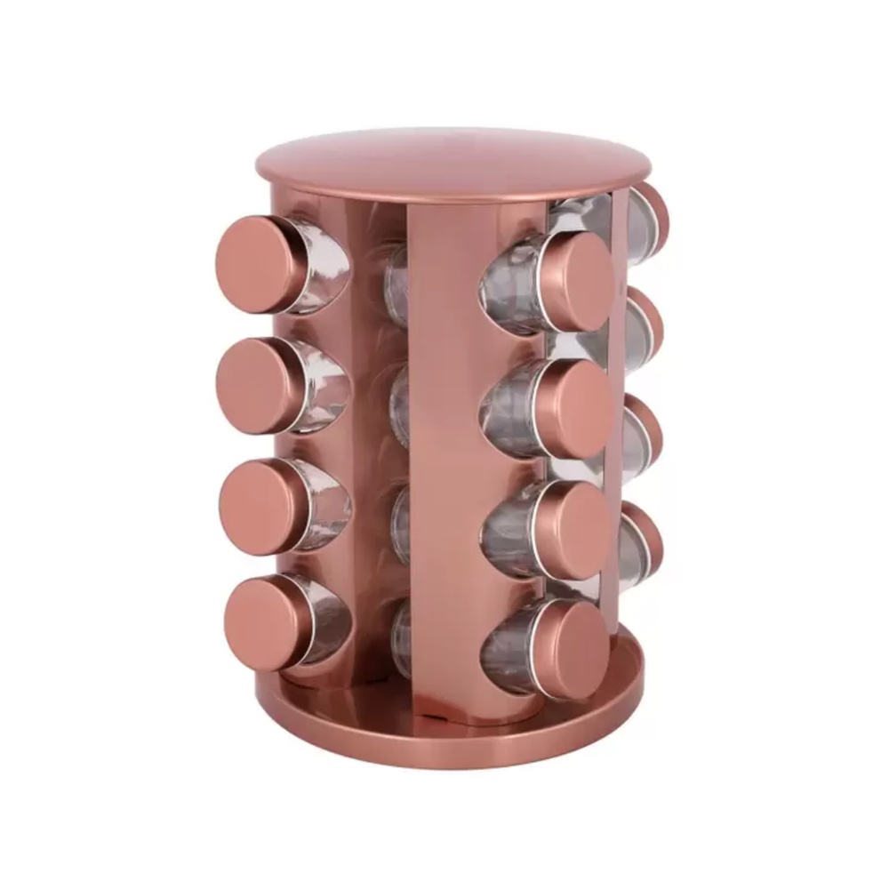 Porta Temperos e Condimentos de Inox  Cor Bronze com Base  Giratório e 16 Potes de Vidro com Tampa