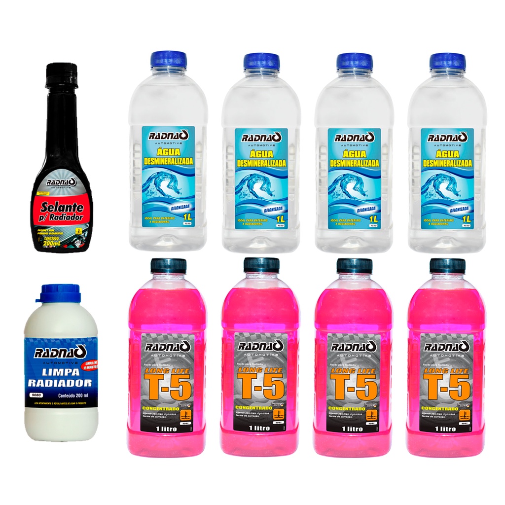 Combo 4 Aditivo Radiador T5 Concentrado + 4 Água Desmineralizada + 1 Limpa Radiador + 1 Selante para Radiador - Radnaq