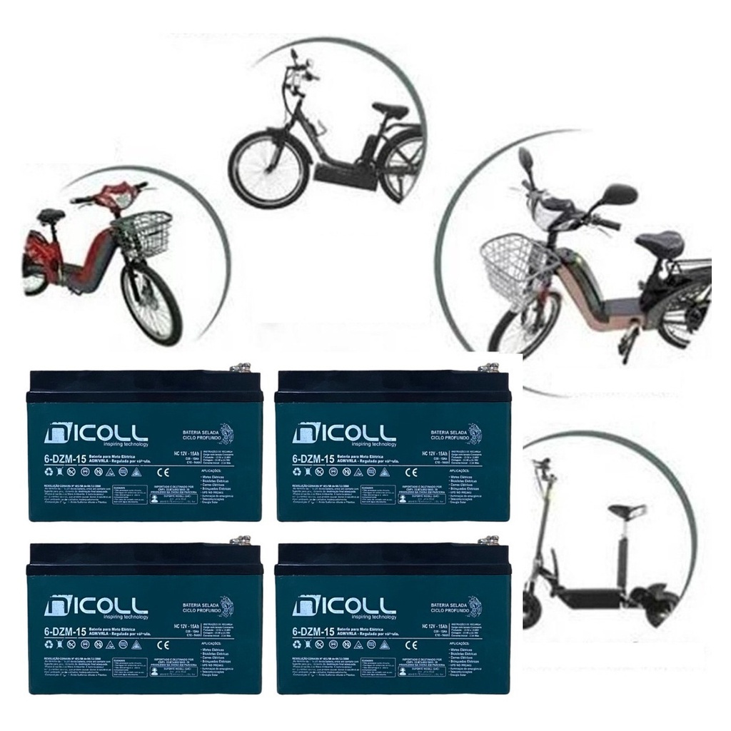 4 BATERIAS 12V 15AH CICLO PROFUNDO NICOLL SCOOTER ELETRICO BICICLETA ELETRICA COMPATIVEL COM DUOS POP BIKE SOUSA VELOSTER