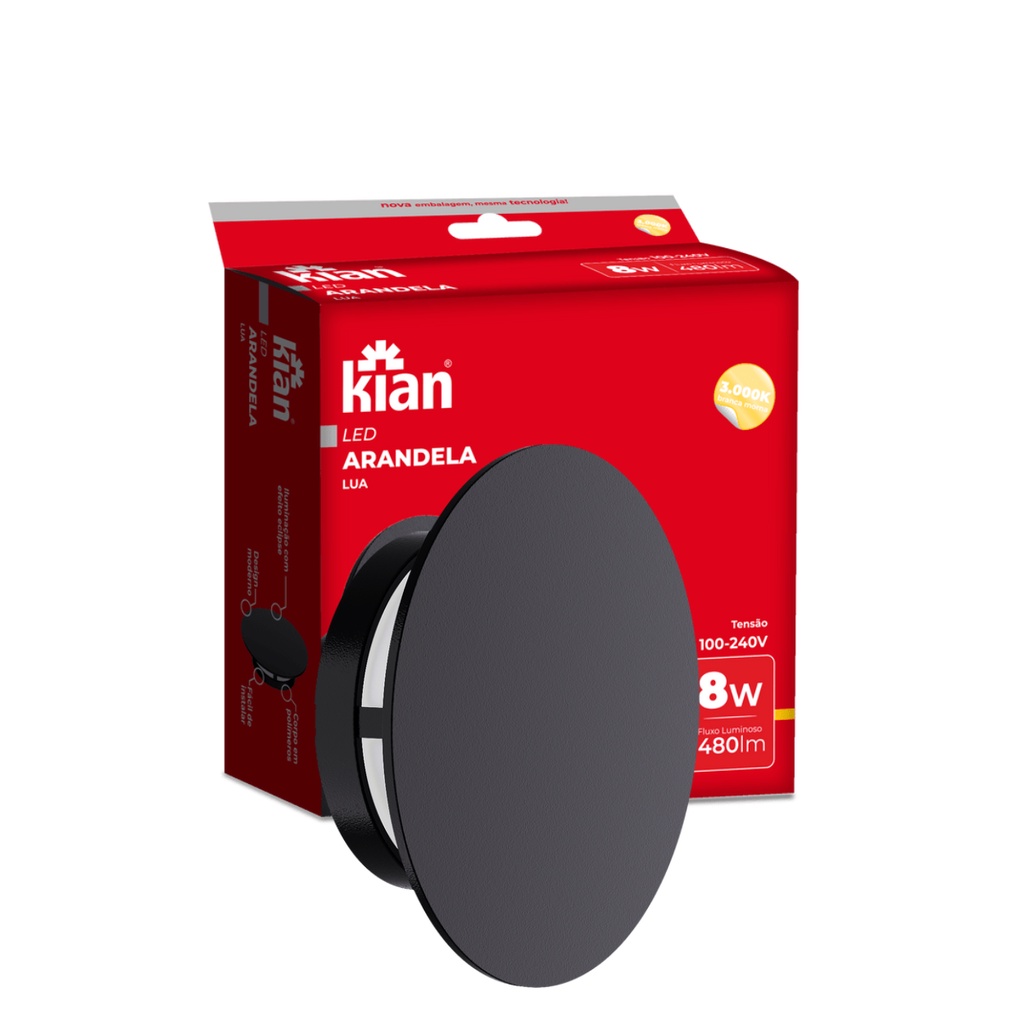 Arandela Luminaria Led Lua Preta 8W 3000K Branca Quente Bivolt Kian