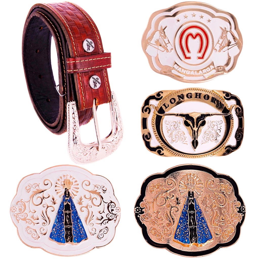 Combo Cinto Country Couro + 4 Fivelas Cowboy Mangalarga Top