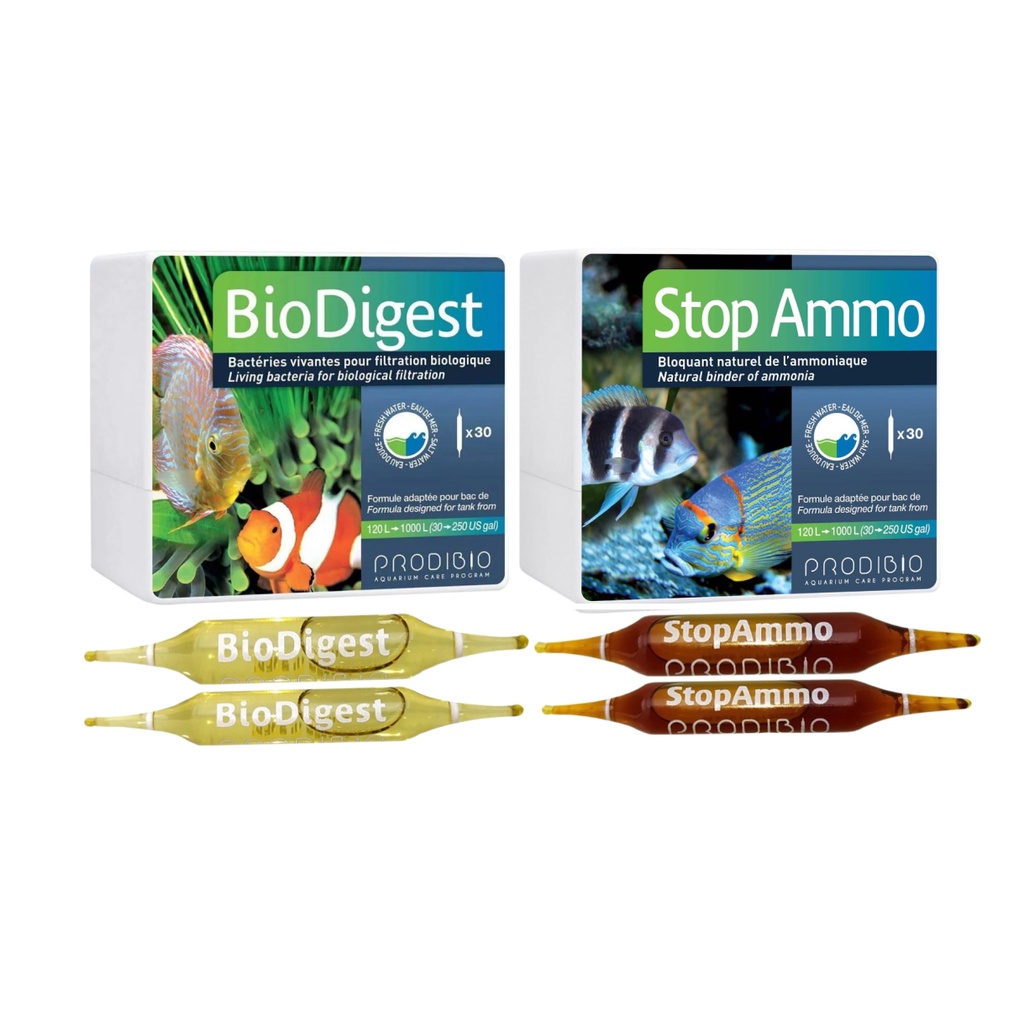 4 Ampolas Prodibio 2 Stop Ammo + 2 Biodigest Start UP Ciclagem Acel. Biológi. Aquário Doce e Marinho