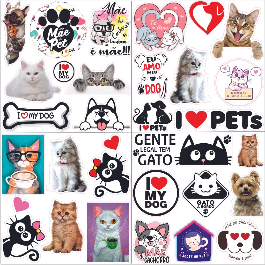 30 adesivos Gato Cat Love my Pet Cachorro Amo meu Cachorro Dog