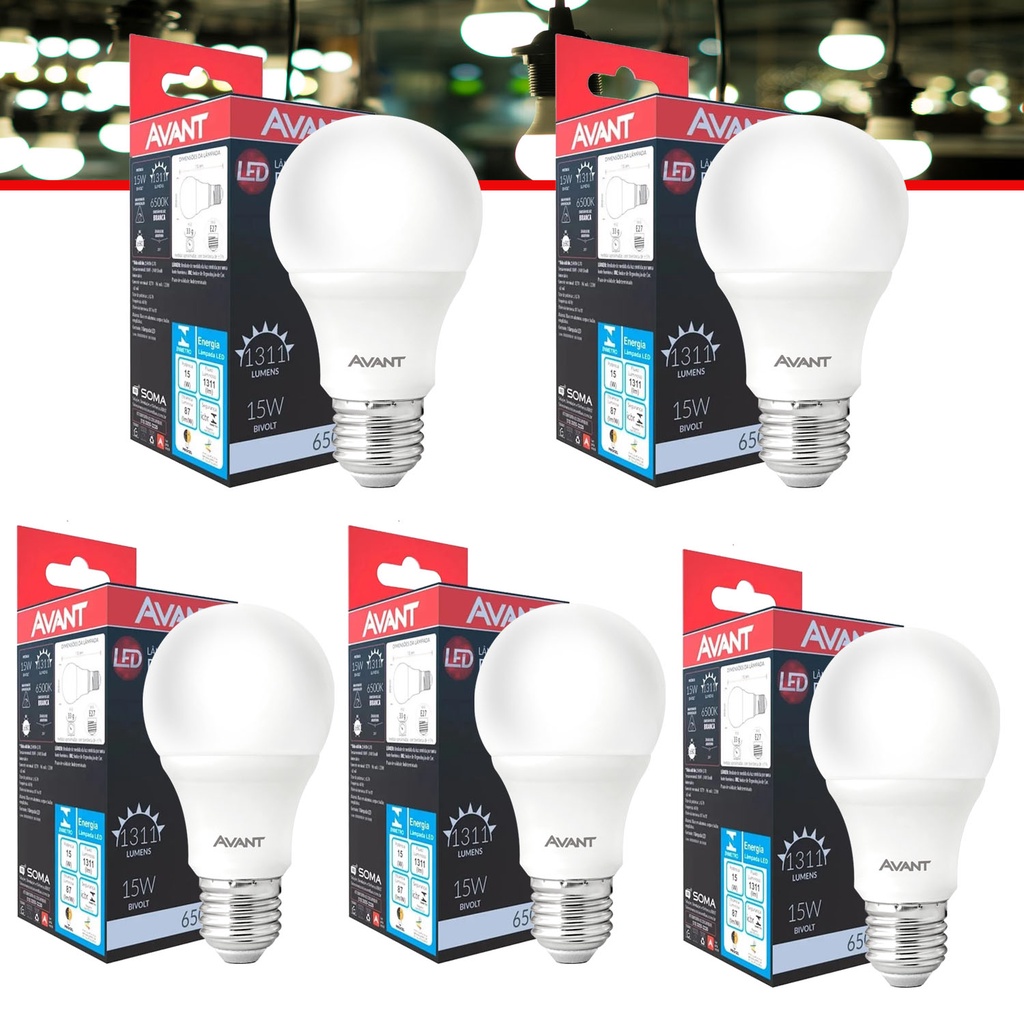5 Lampada Led Pera 15w Bulbo Soquete E27 Bivolt Branco Frio - Home & Living