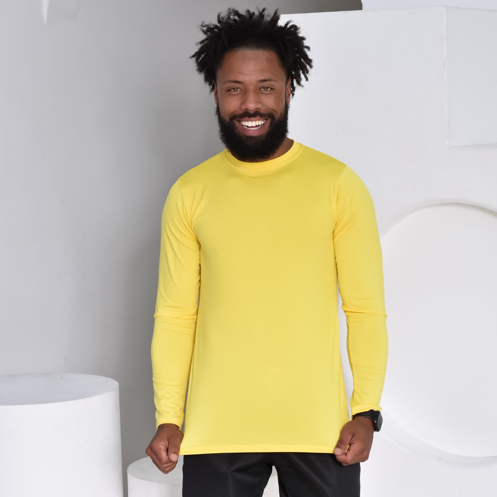 Camisa Manga Longa Amarelo Academia Segunda Pele Camiseta Proteção Solar UV50+ Lisa