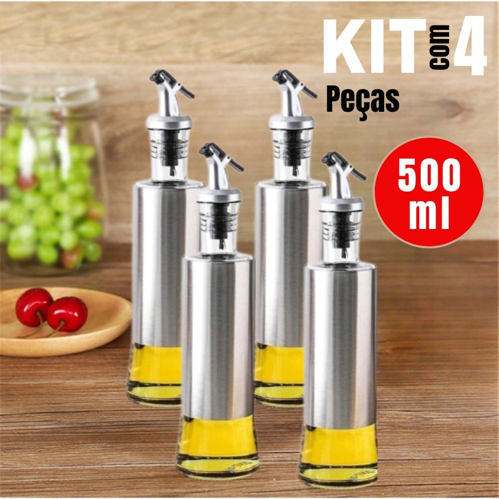 Kit Galheteiro 500ml Porta Azeite e Vinagre de Vidro Premium e Aço Inox com Dosador