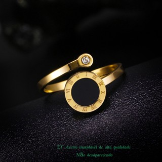 Anel Simples De Aço Inoxidável Incrustado Com Diamante , Redondo Preto , Numerais Romanos , Jóias Sem Desbotamento