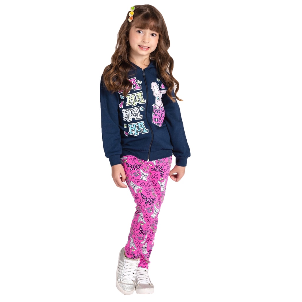 Conjunto Legging Flanelada Jaqueta Capuz Moletom Frio Infantil Menina Tam 1 2 3 4 6 8