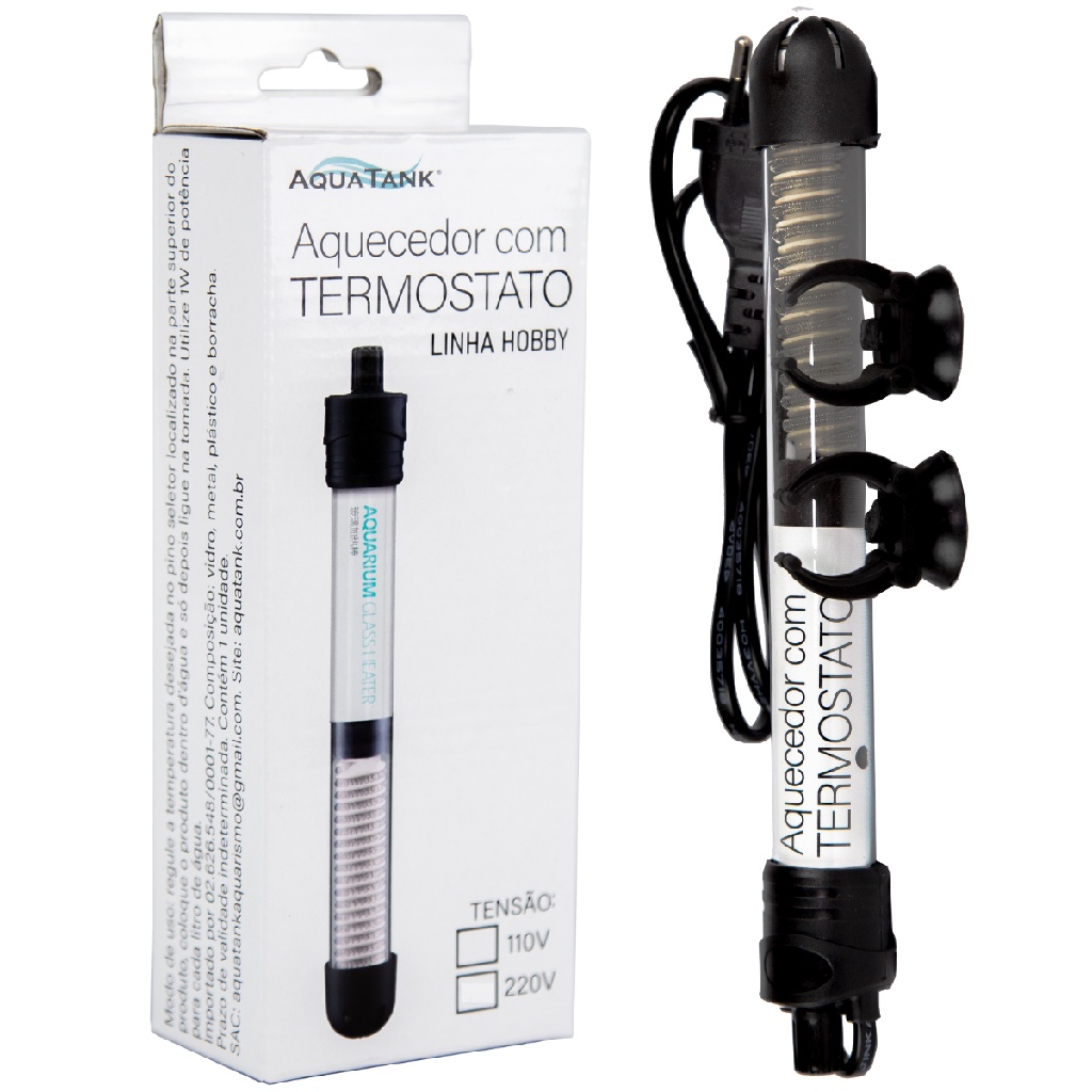 TERMOSTATO COM AQUECEDOR 50W PARA AQUARIO PEQUENO ATÉ 50 LITROS AQUATANK HOBBY