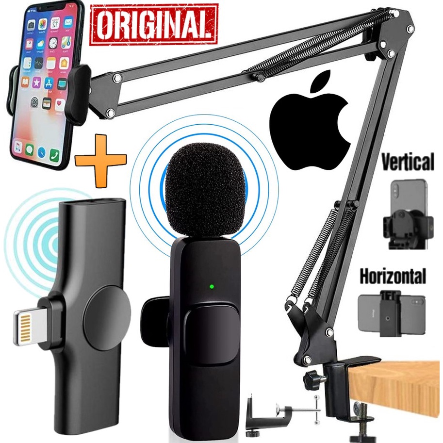Suporte Braço Articulado De Mesa Cama Pedestal Celular Microfone de Lapela Sem Fio iPhone Gravação Vídeo Podcast Selfie