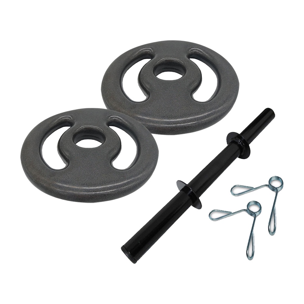 KIT 2 ANILHAS EMBORRACHADAS 1KG + 1 BARRA DE MUSCULAÇÃO OCA 40CM COM PRESILHAS