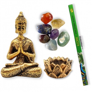 Imagem Kit Estátua Buda + Castiçal + 7 Pedras dos Chakras + Incenso Alecrim - B