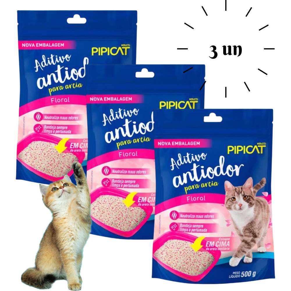 Kit 3 Aditivo Areia Sanitária Antiodor Pipicat Floral 500g em Oferta na Shopee