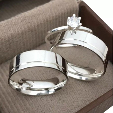 Par De anel Aliança casamento Reta 6mm Lisa 1 Friso Banhado Prata 925 + Anel solitário COD-504