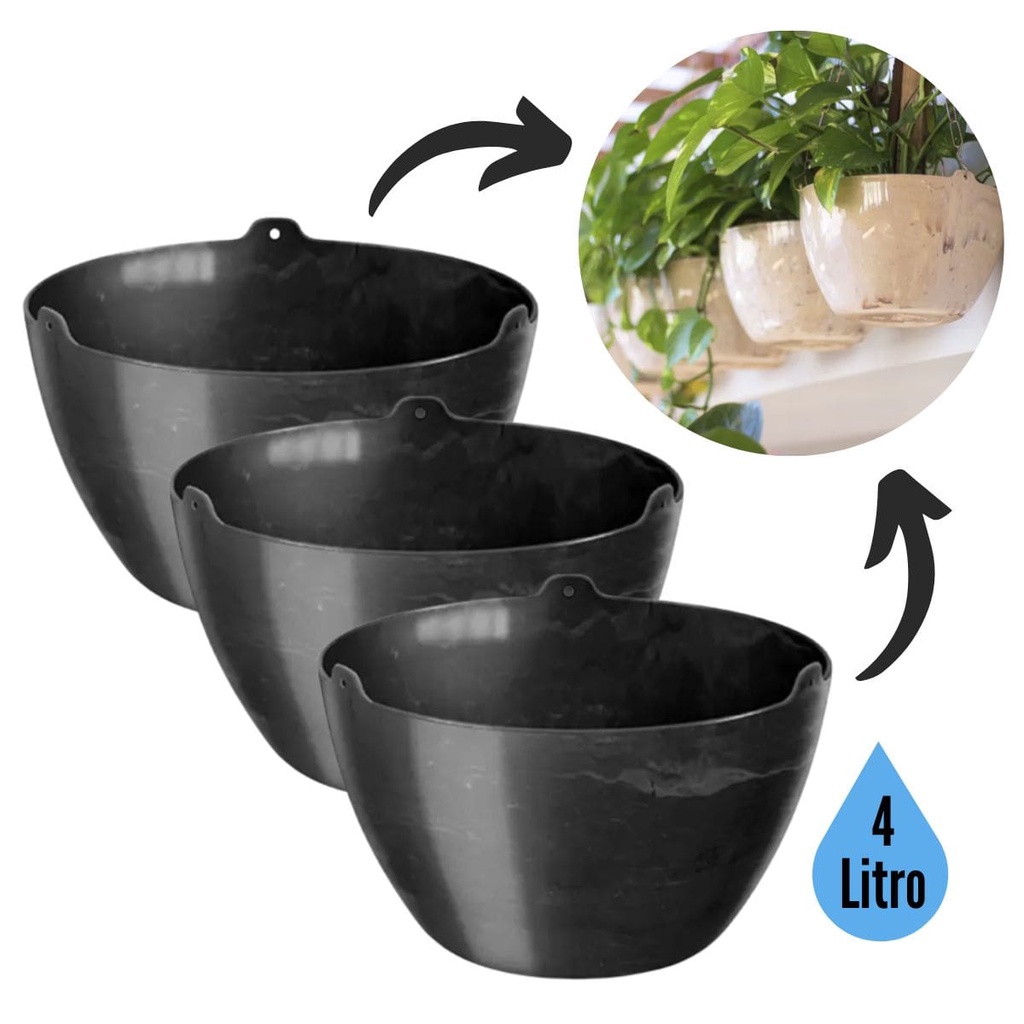 Kit 3 Vaso Cachepo Elegance 4 Litros Cuia 01 Preto Onix Cachepot De Plástico Para Plantas Pendentes  - Nutriplan