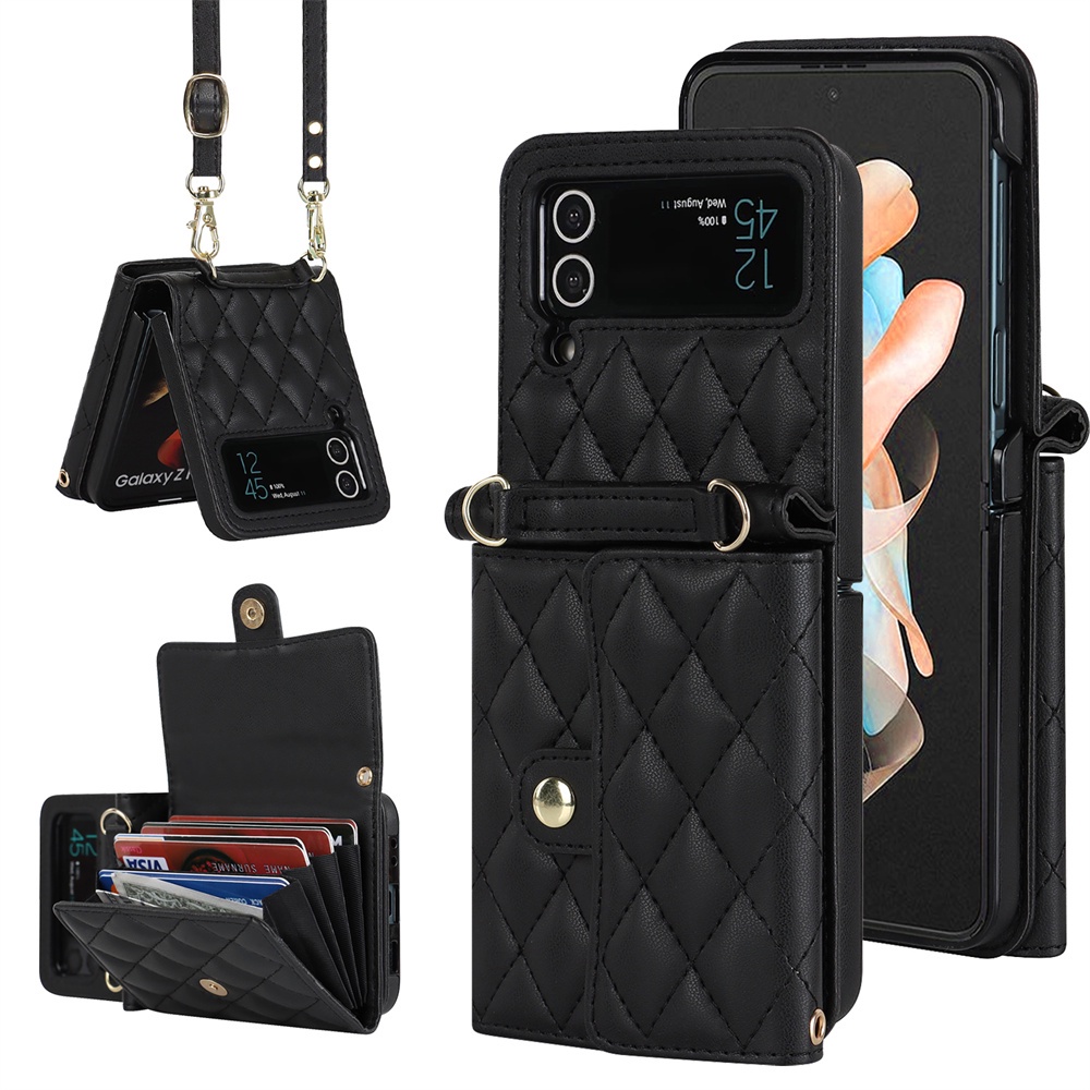 Capa De Couro Luxuosa Para Samsung Galaxy Z Flip 3 4 5 6 7 8 Com Compartimentos