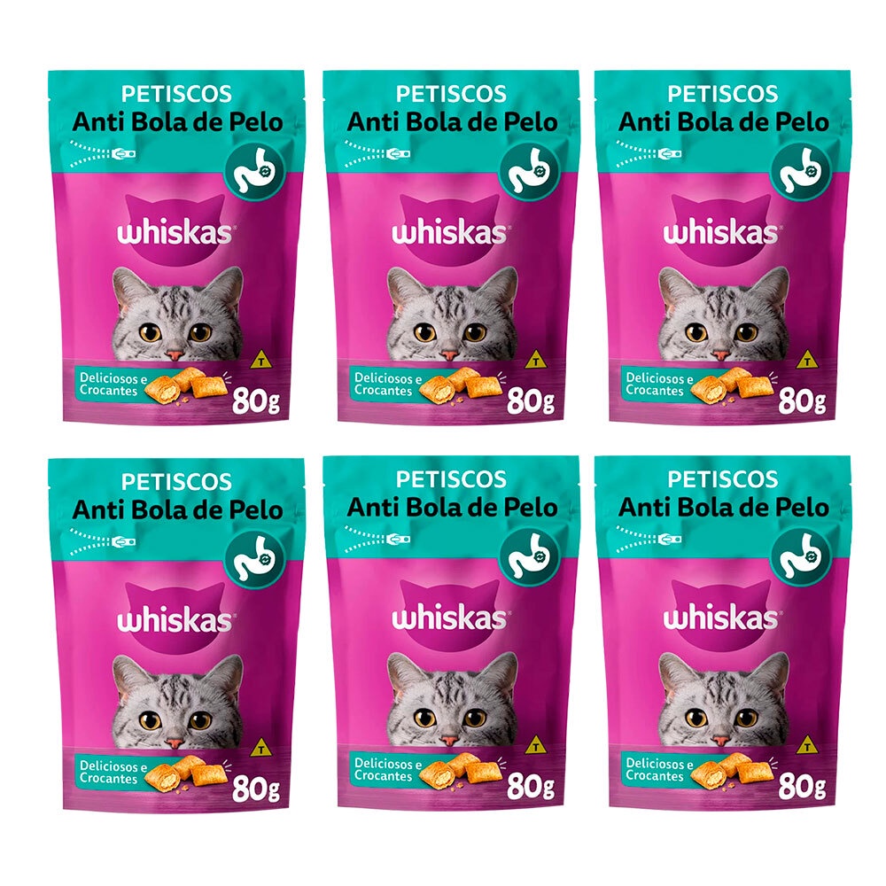 Kit 6 Un. Petisco Whiskas Temptations Anti Bola De Pelo Gatos Adultos 80g em Oferta na Shopee