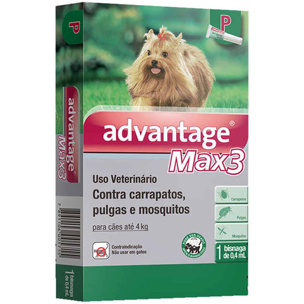 Advantage MAX3 0,4 mL Elanco para Cães Até 4 Kg - 1 Bisnaga - Pets