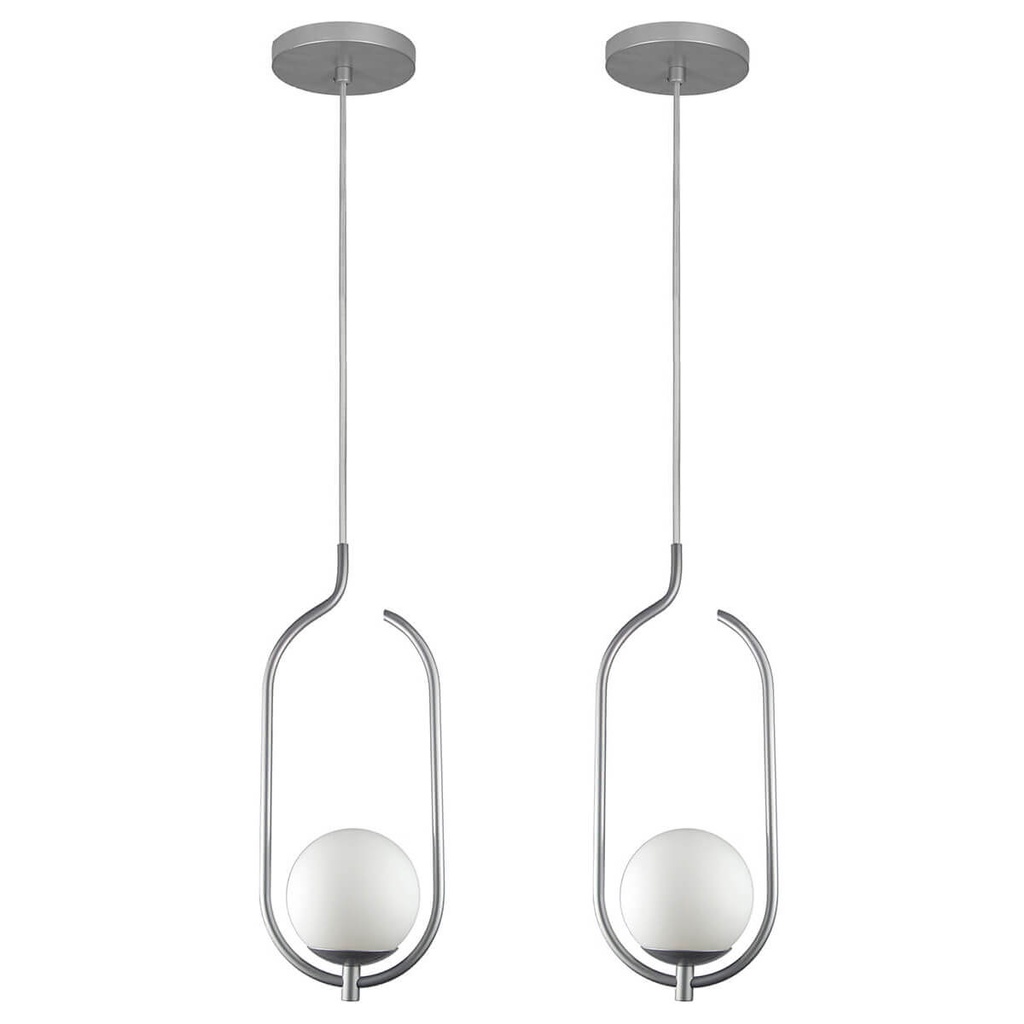 Kit 2 Pendentes Lustres On Clip PRATA globo de vidro BRANCO