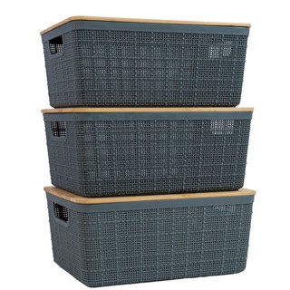 Kit 3 caixas organizadoras 4 litros cinza com tampa de bambu - Oikos