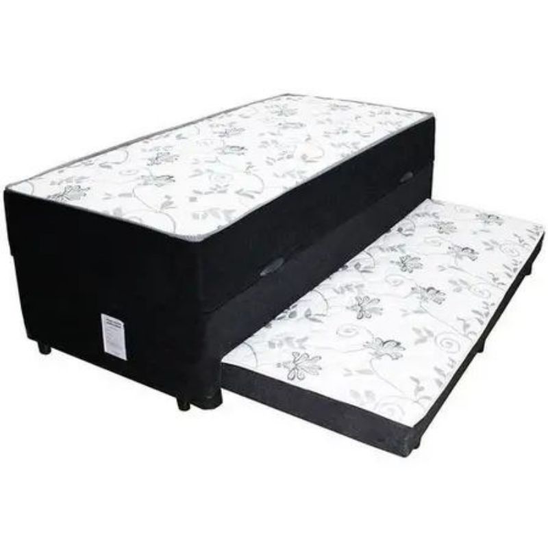 Cama Box Baú Solteiro Conjugado com Cama Auxiliar Bicama 3 em 1 - Suede Preto