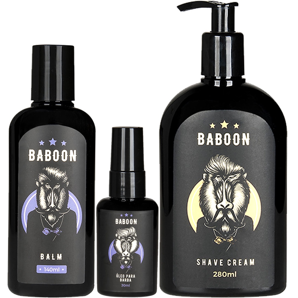 Kit Barba Baboon Óleo Para Barba Ressecada, Balm Hidratante de barba e Creme de Barbear Shave Cream