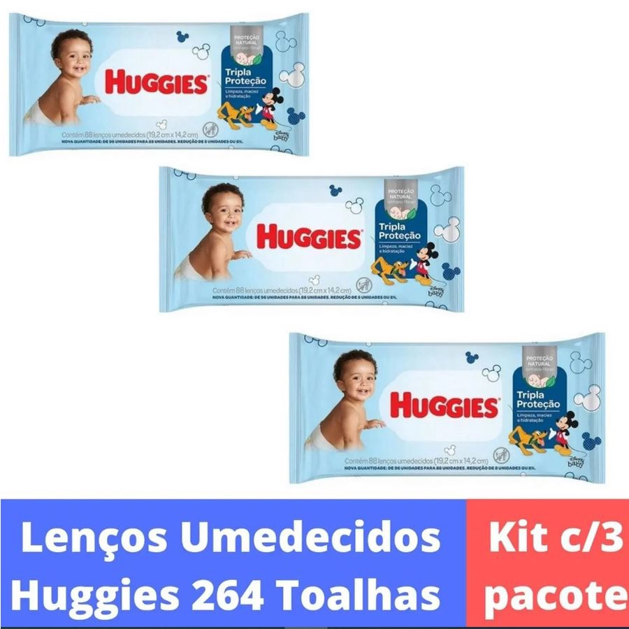 KIT 3 PTC Lenço Umedecido Huggies Tripla Proteção 88 Unid Pct