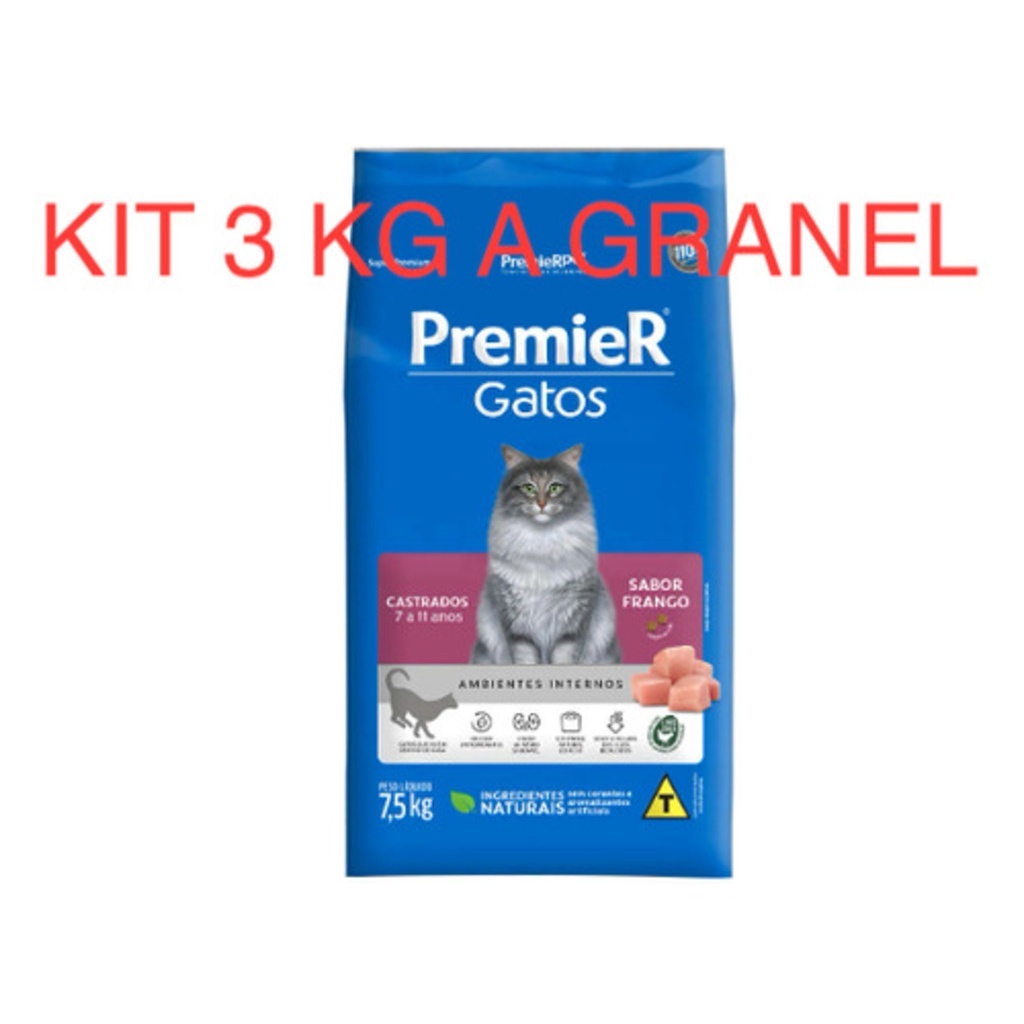 Kit 3 Kg Ração A Granel Premier Gatos Frango 7 A 11 Anos Castrados
