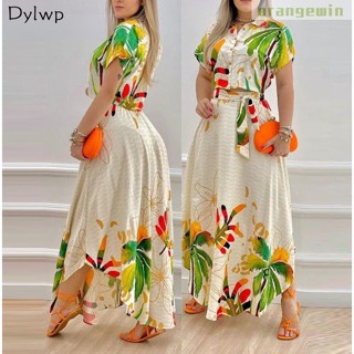 Conjunto feminino duas peças de manga curta cropped blusa boho floral estampa saias longa