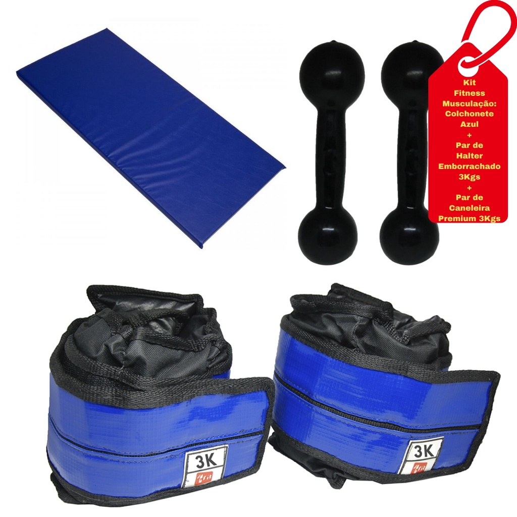 Kit Colchonete Azul+Par de Halter 3Kg+Caneleira Premium 3Kg