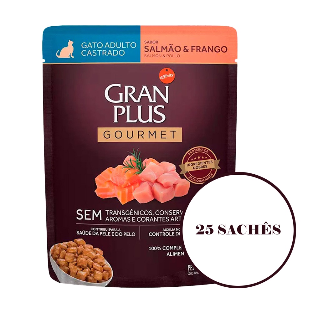 Kit 25 Rações Úmidas Gran Plus Sachê Gatos Gourmet Castrados Salmão e Frango 85g