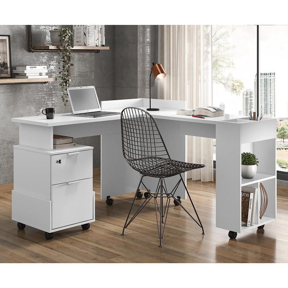 Escrivaninha Mesa Computador Manicure em L Lukaliam Móveis Com Tampo em Mdf 25mm Alessa Branco