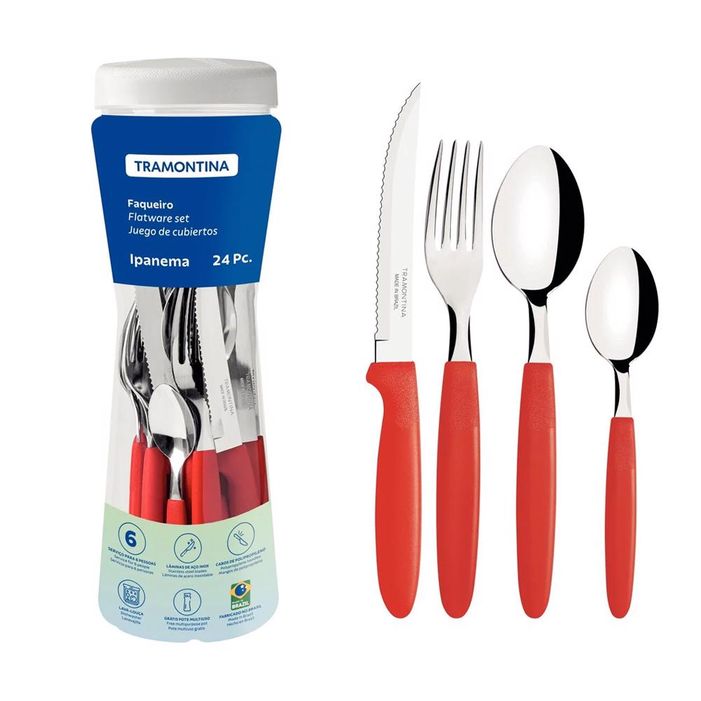 Faqueiro Ipanema em Inox Cabo Vermelho 24 Peças - Tramontina em Oferta na Shopee