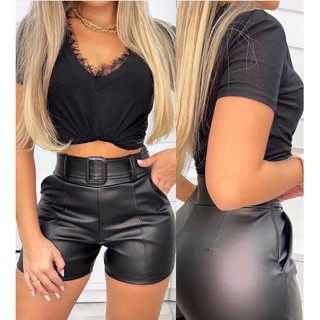 Short Feminino Couro Fake Ecologico Com Cinto Social Bolsos