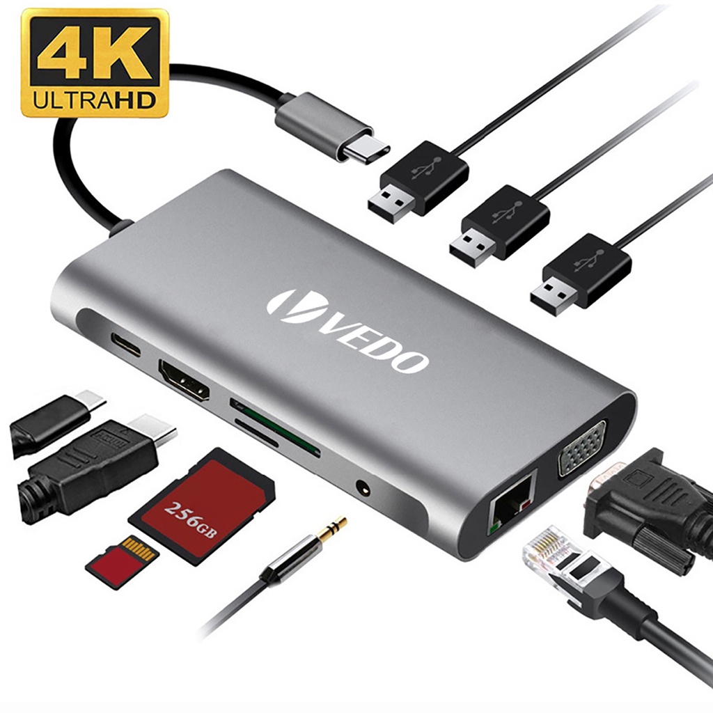 10 em 1 USB C HUB Tipo C Adaptador para HDMI compatível Cartão 4K VGA RJ45 SD/TF 3,5MM AUX 10 Port Docking Station Divisor de PC Portátil em Oferta na Shopee