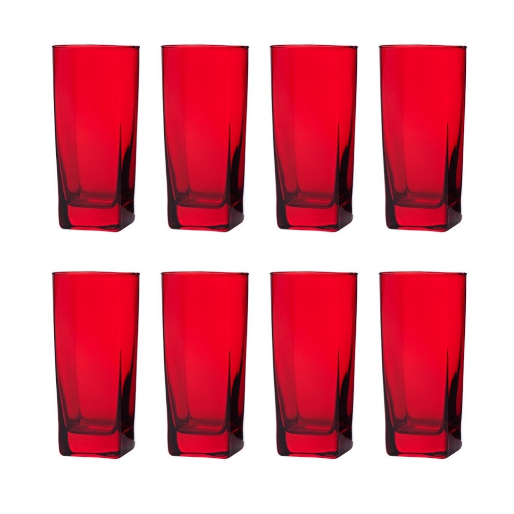 8 Copos Quadrado Vidro Vermelho Texas Mesa Posta Suco 320ml