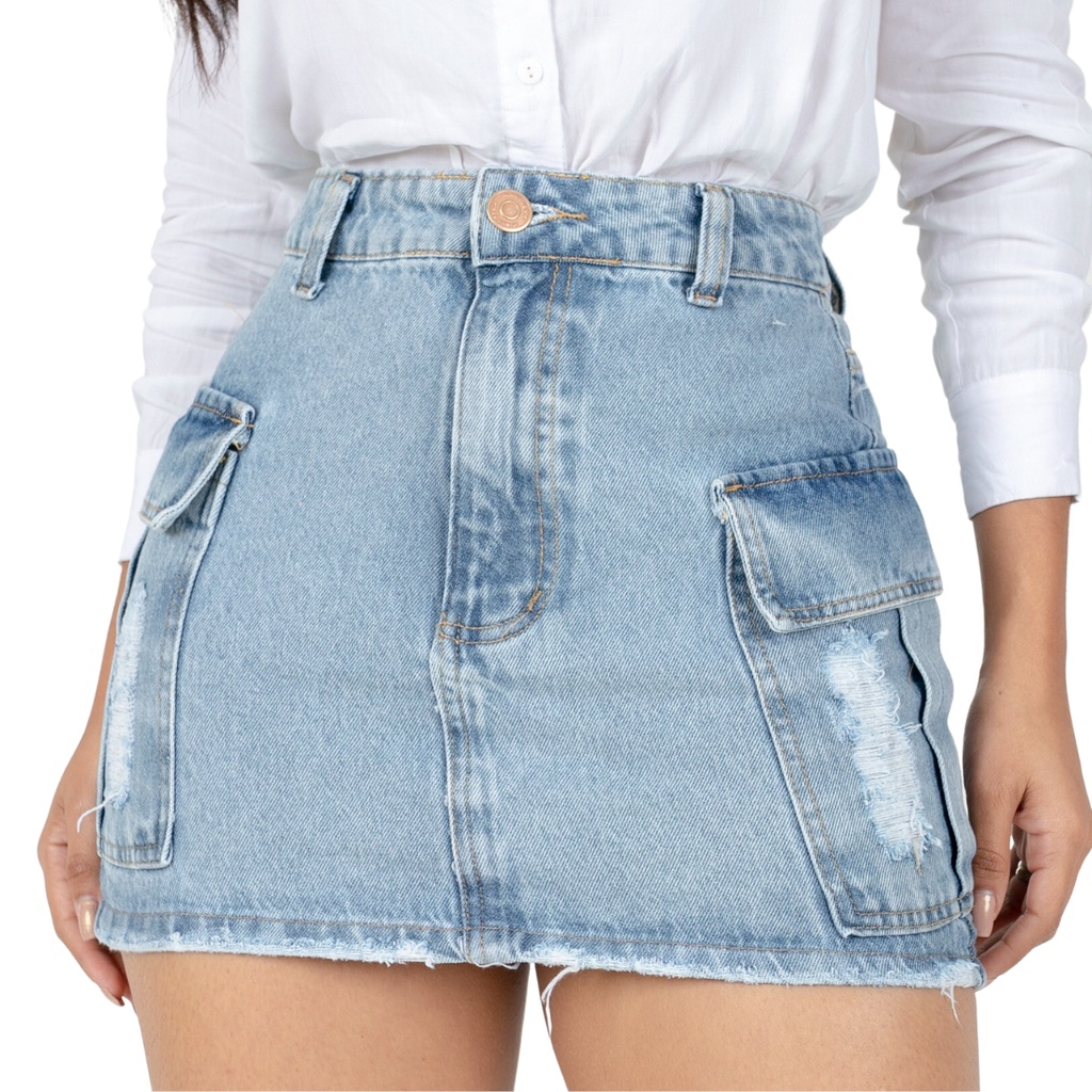 Saia Jeans Cargo Curta Bolsos Laterais Cintura Alta Estilosa em Oferta na Shopee