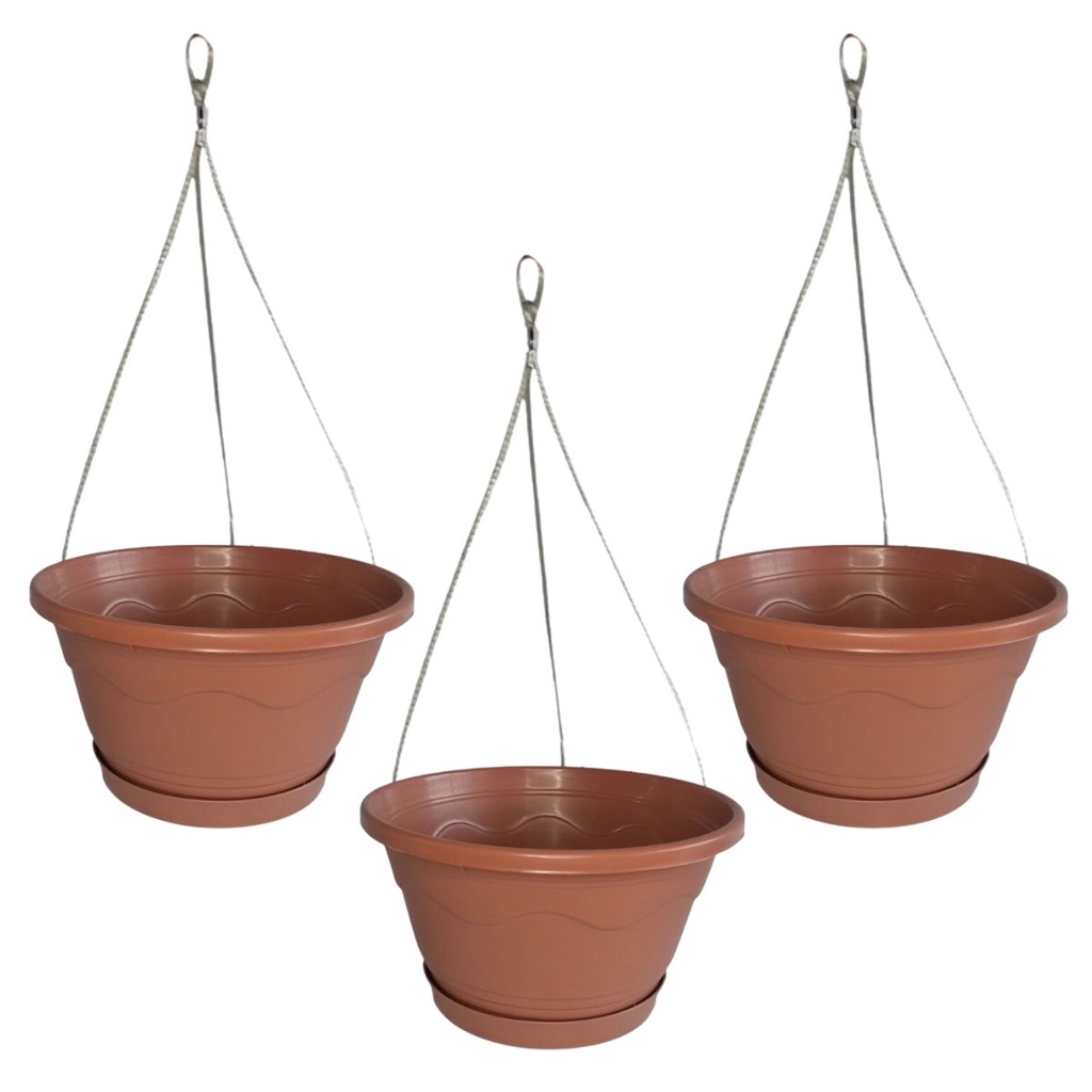 Kit 3 Vaso Cuia Suspenso Completo Com Prato e Cabo de Aço Corrente Para Pendurar Planta Samambaia Pendente 01 Médio Terracota Cerâmica - 1926