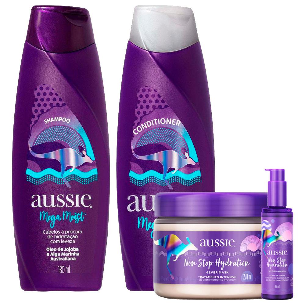 Kit Aussie Mega Moist Super Hidratação Shampoo 180ml + Condicionador 180ml + Máscara Non Stop 270ml + Serum Non Stop 95ml em Oferta na Shopee