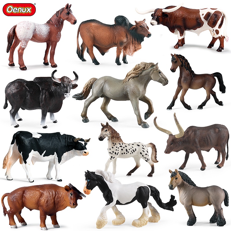 Oenux Animais Da Fazenda Cavalo Cozido Modelo De Ação Figuras Vaca Zebu Bezerro Touro OX Coleção PVC Educação Brinquedo De Fofo Para Crianças