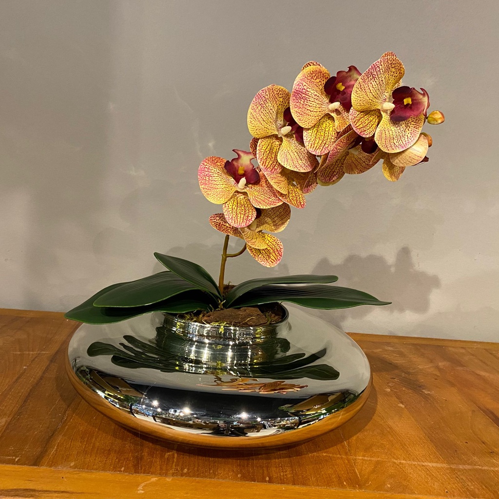 Arranjo Centro de Mesa Orquídea Tigre Rosa Artificial Vaso Espelhado