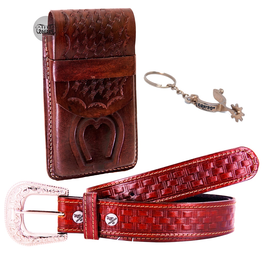 Kit Bainha Couro Capinha De Telefone Celular E Cinto Country
