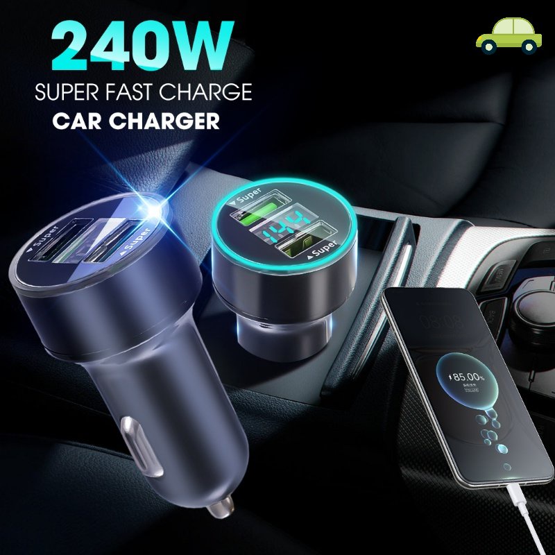 Portas USB Duplas Portáteis Carregador De Carro Super Rápido De 240W/Adaptador De Carregamento De Display Digital Montado Em Automóveis Acessórios Universais Para Telefones Celulares